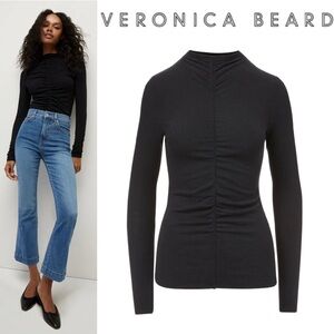 Veronica Beard Theresa Ruched Turtleneck Black XS Micro Ribbed Modal Minimalist